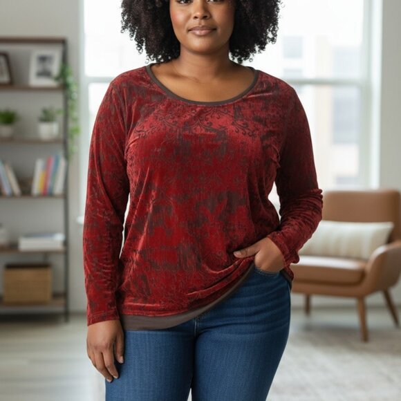 Simply Vera Wang Shirt Womens Size L Red Grey Black Velvet Floral Semi Sheer - Picture 1 of 10